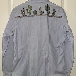 Panhandle Rough Stock Blue White Striped Shirt with Cactus Embroidery - Medium